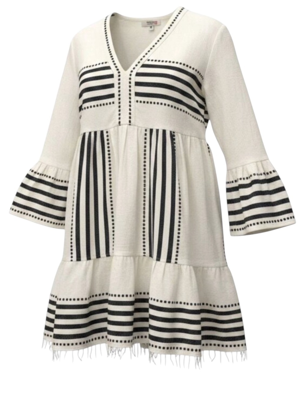 Lemlem Eshe Cotton Wovem Stripe Bell Elbow Sleeve V-Neck Tiered Mini Dress